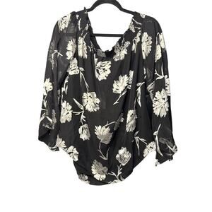 White House Black Market Silk Floral Blouse NWT XL Black Silver Off Shoulder Top